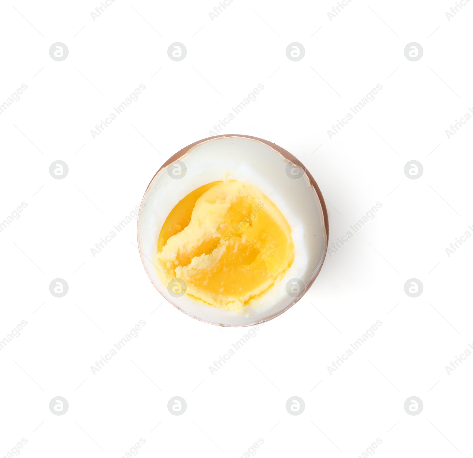 Photo of Delicious soft boiled egg isolated on white, top view