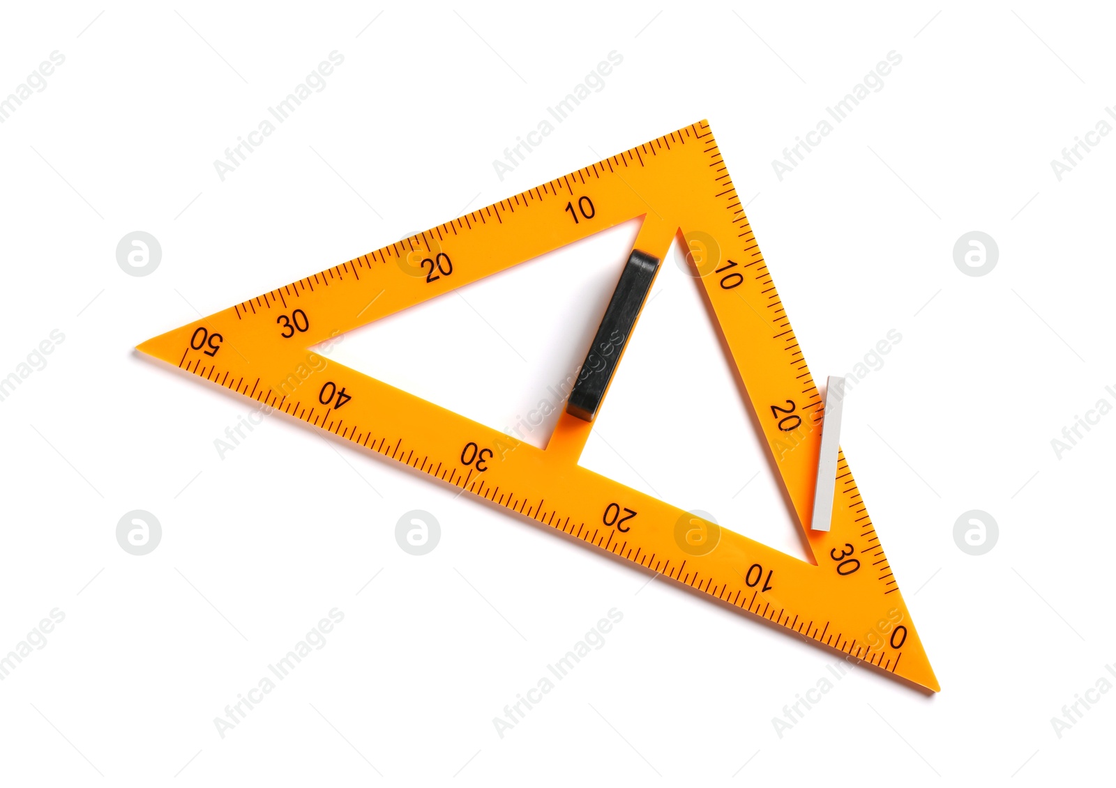 Photo of Triangle ruler and chalk isolated on white, top view