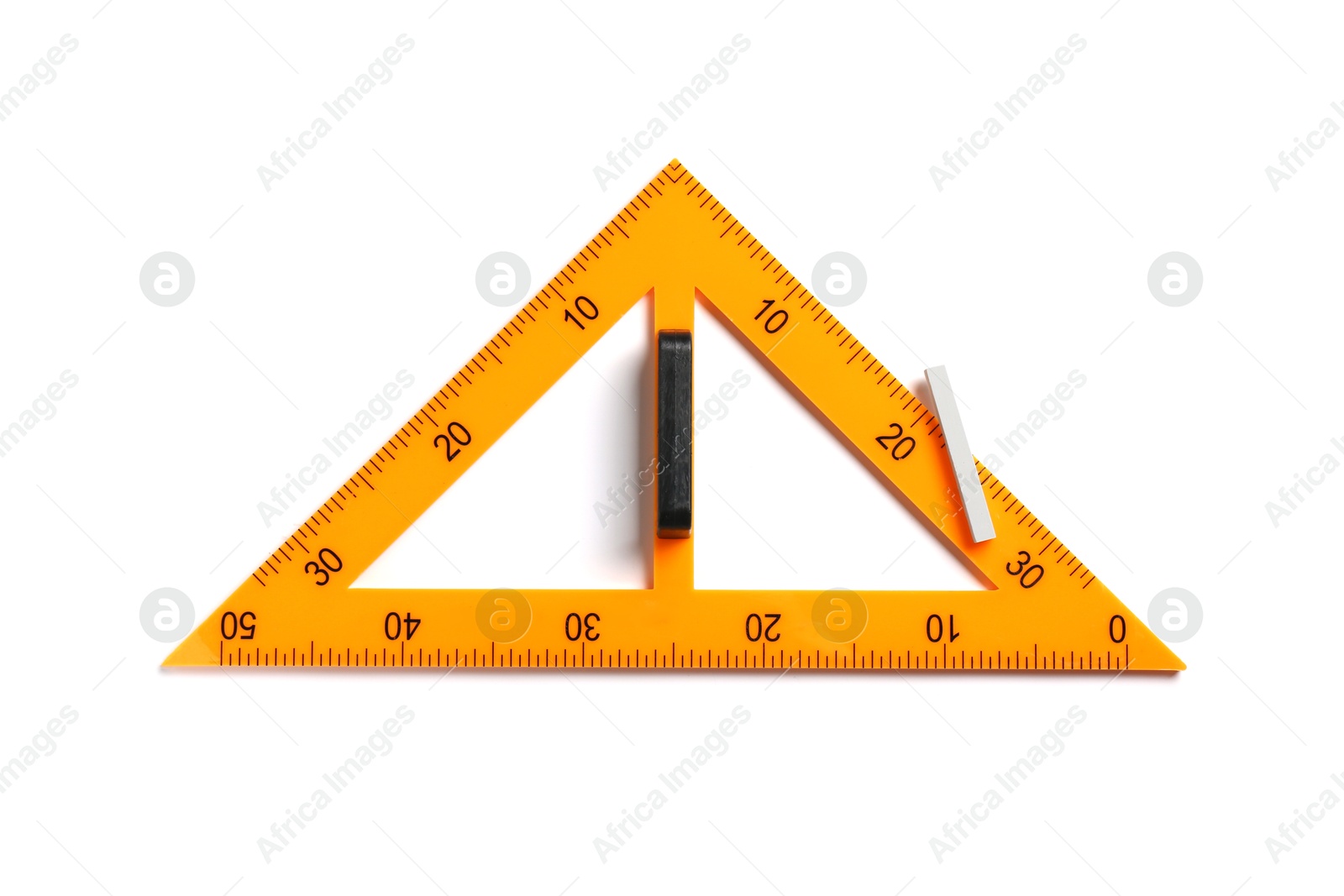 Photo of Triangle ruler and chalk isolated on white, top view