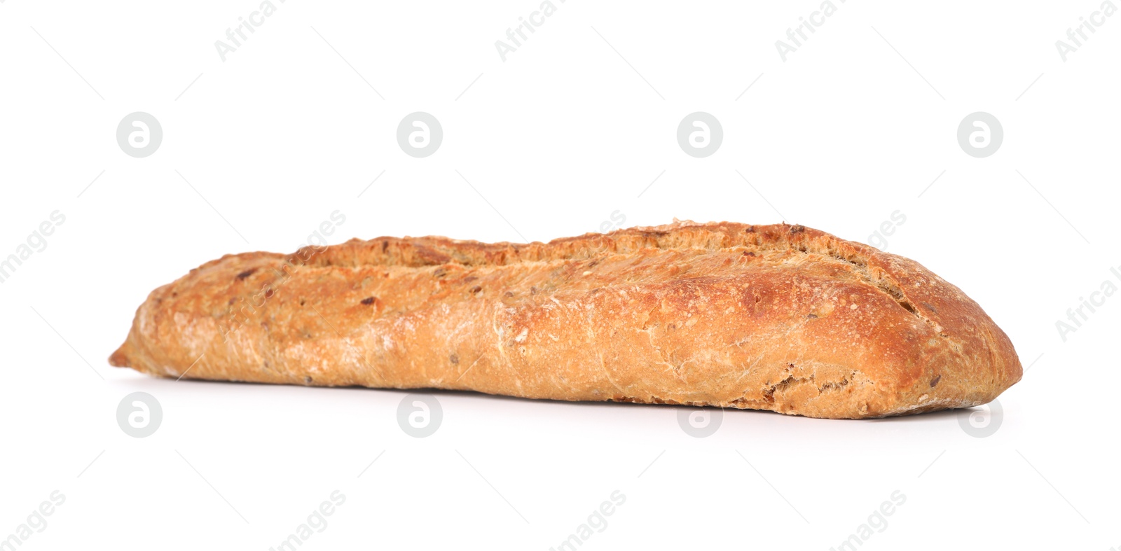 Photo of One freshly baked baguette isolated on white