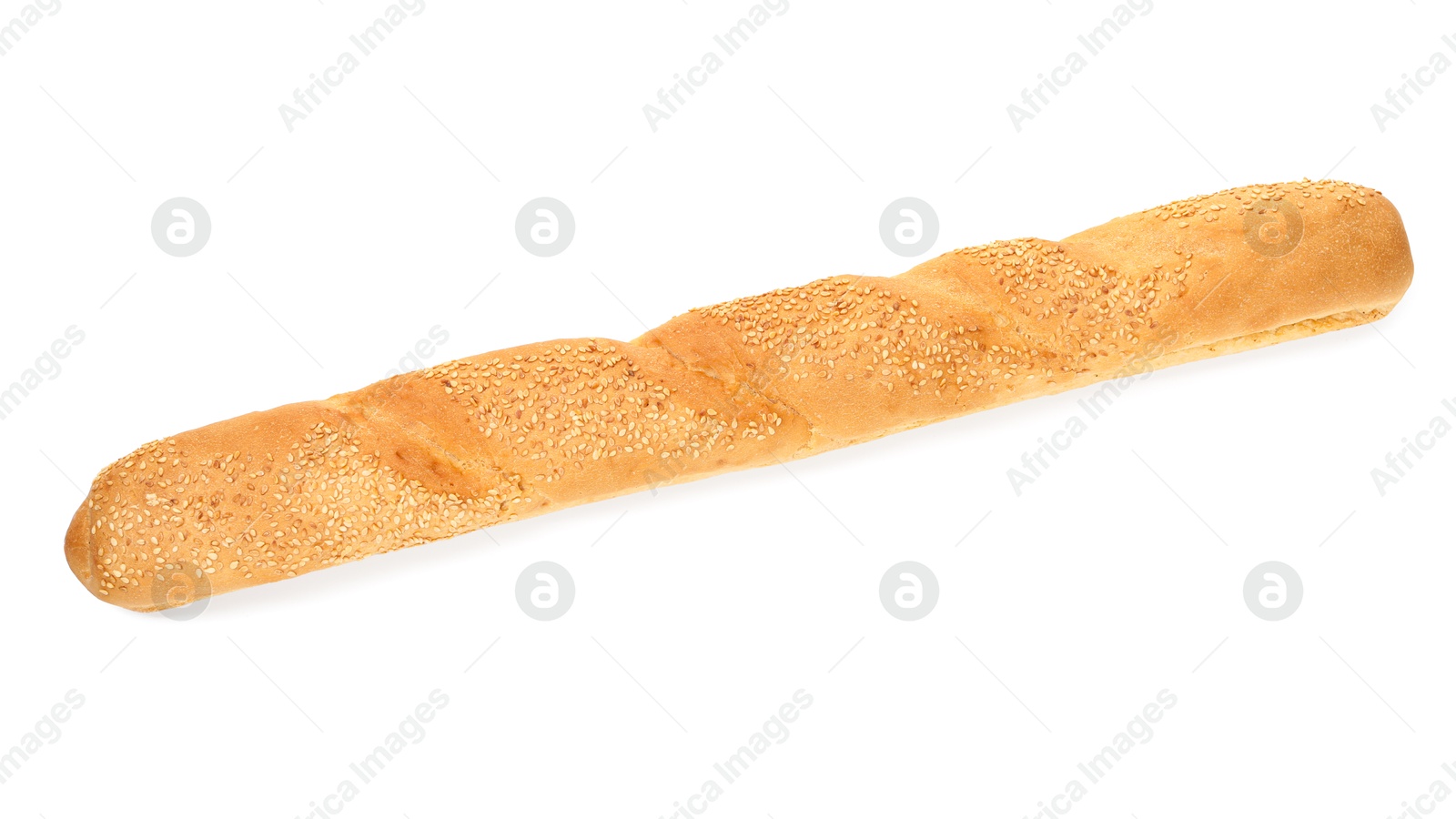 Photo of One fresh baguette with sesame isolated on white, top view