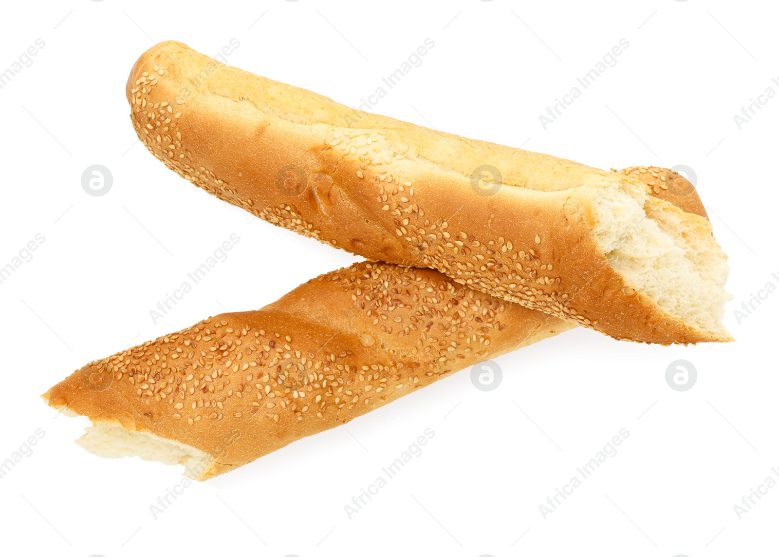 Photo of Fresh baguette with sesame isolated on white, above view