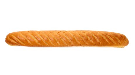 Photo of One freshly baked baguette isolated on white, top view