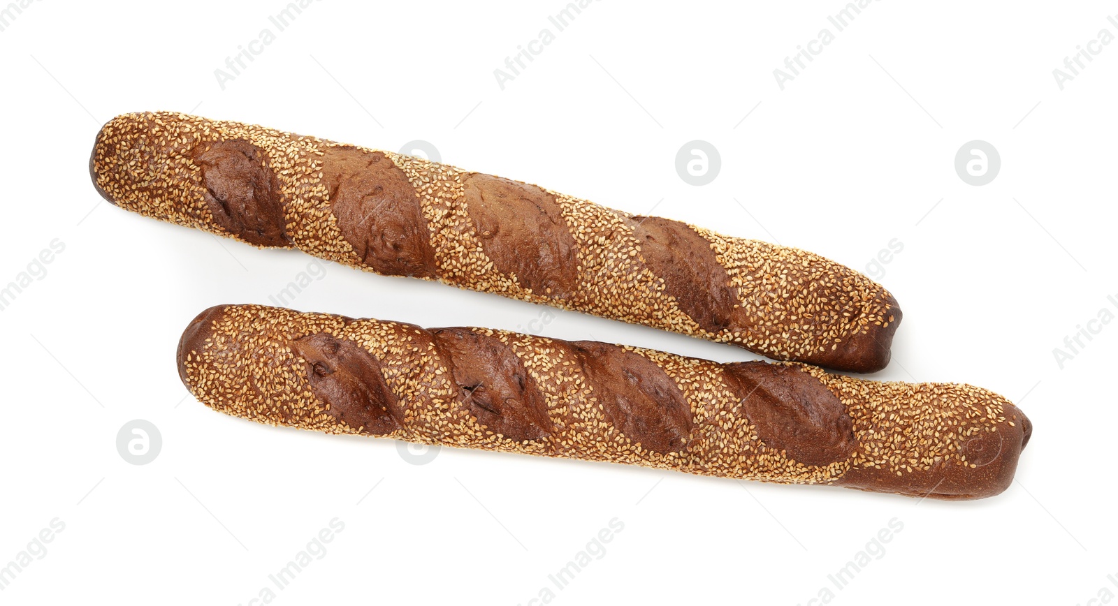 Photo of Fresh baguettes with sesame isolated on white, top view