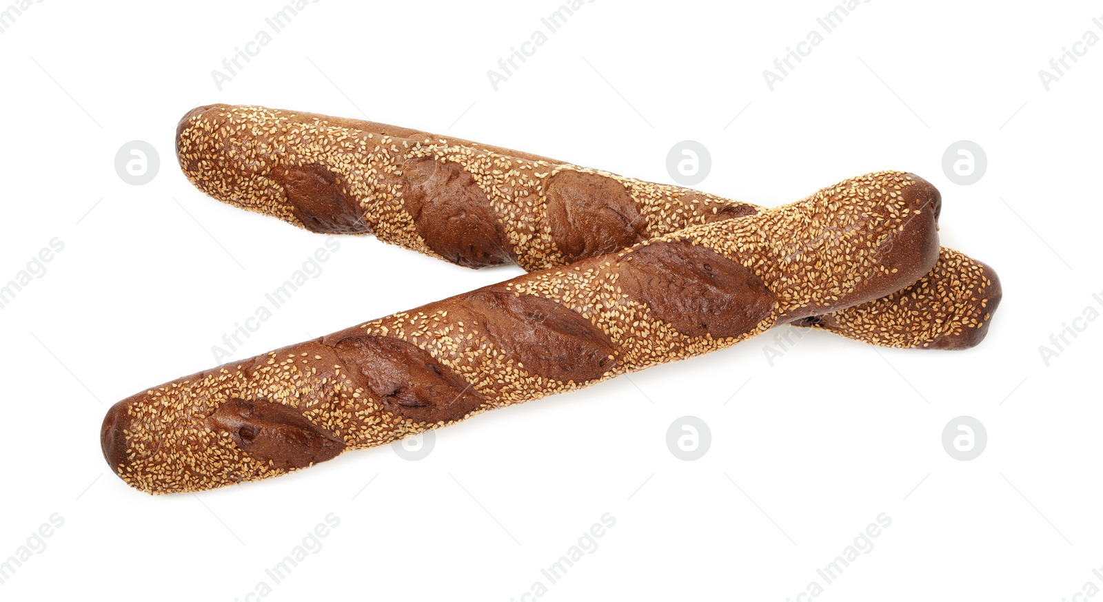 Photo of Fresh baguettes with sesame isolated on white, top view