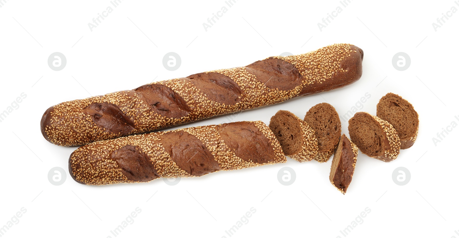 Photo of Fresh baguettes with sesame isolated on white, top view