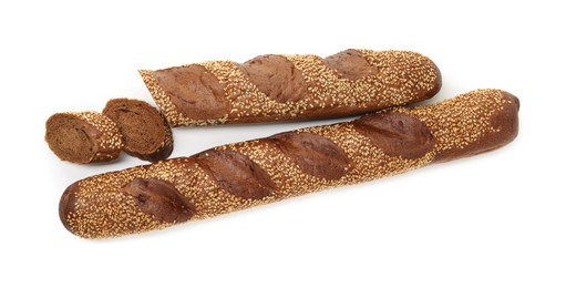 Photo of Fresh baguettes with sesame isolated on white, top view