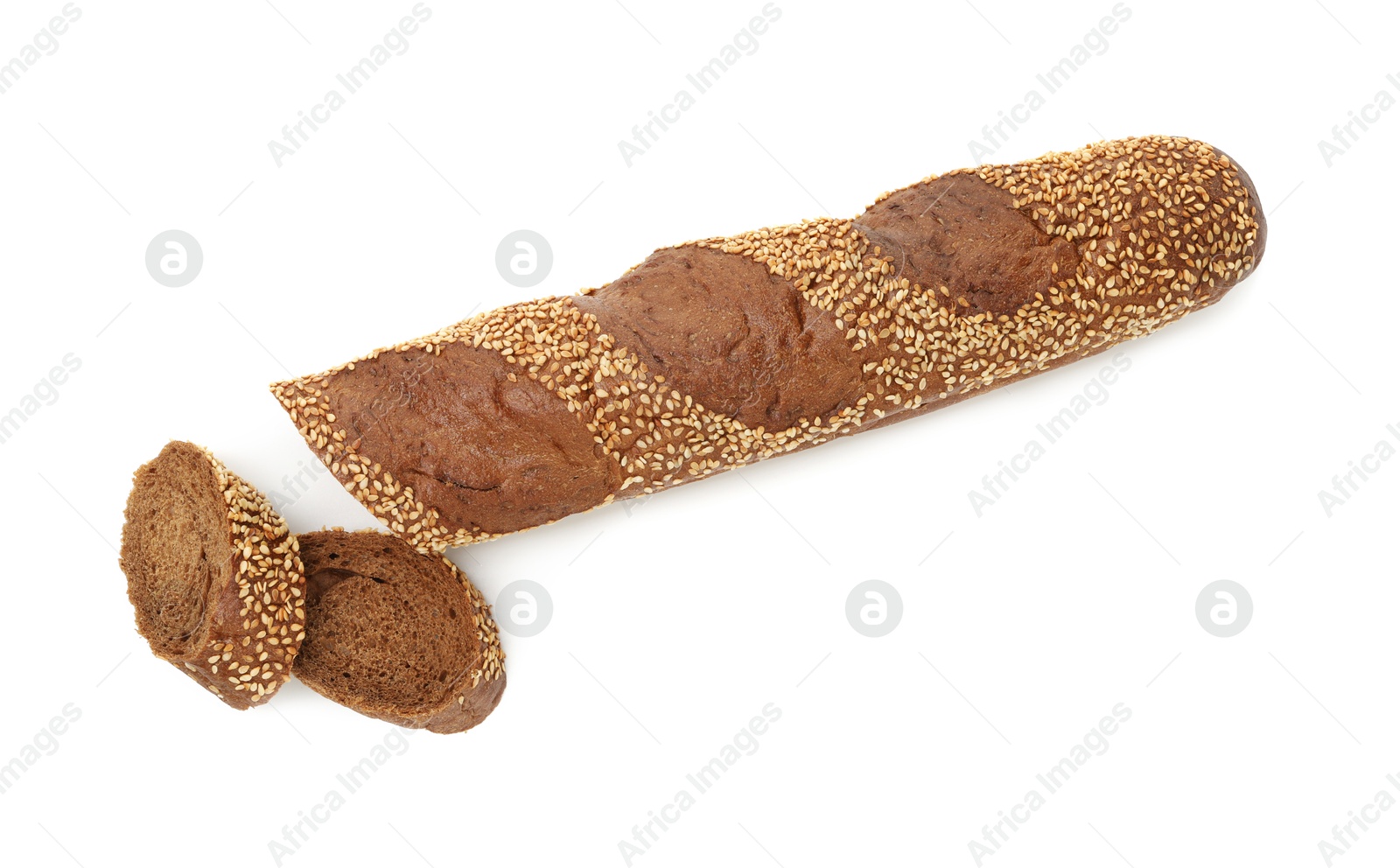 Photo of Cut fresh baguette with sesame isolated on white, top view