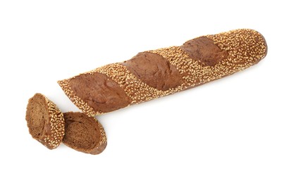 Photo of Cut fresh baguette with sesame isolated on white, top view