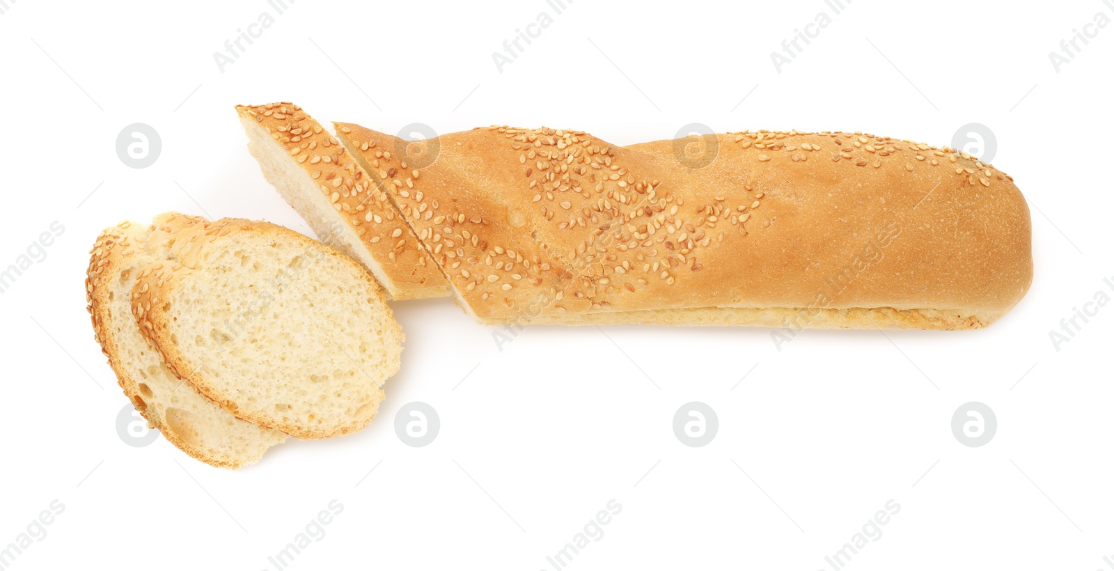 Photo of Cut fresh baguette with sesame isolated on white, top view