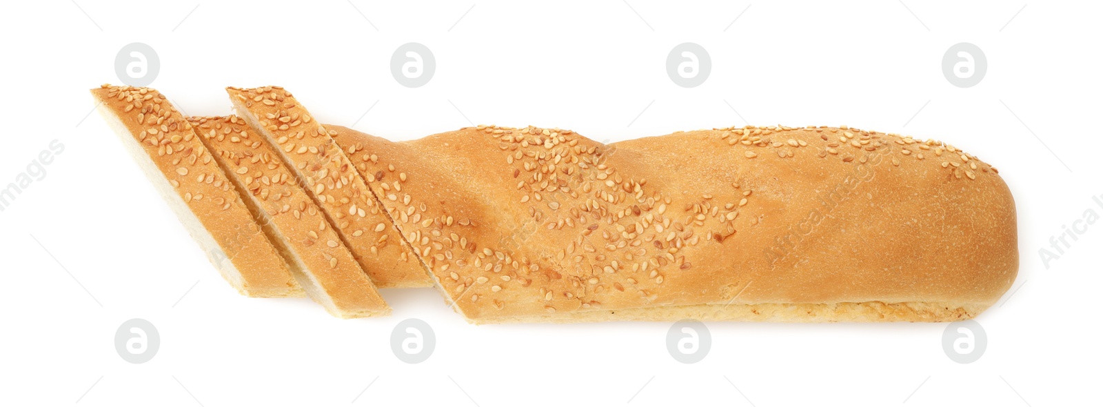 Photo of Cut fresh baguette with sesame isolated on white, top view