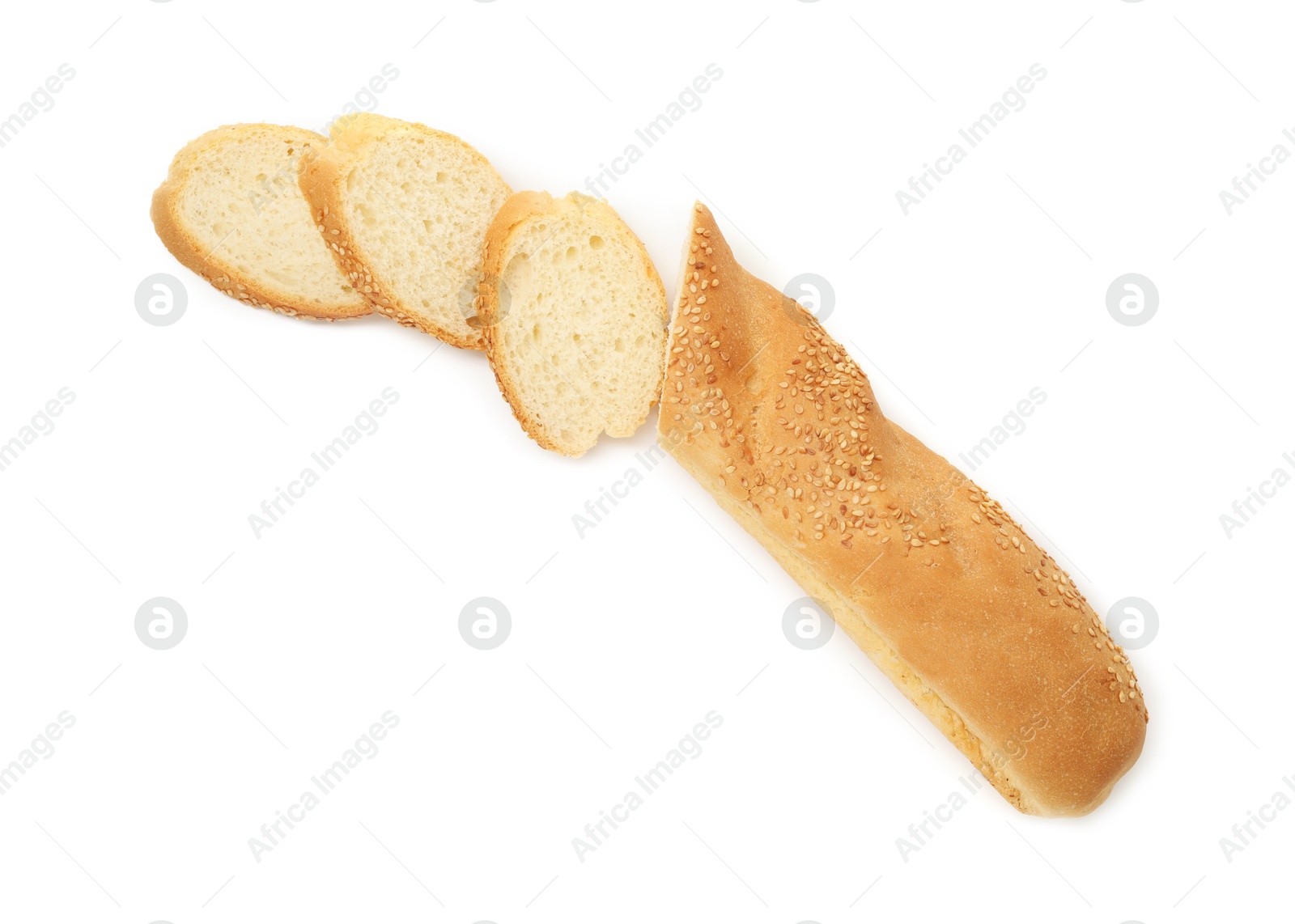 Photo of Cut fresh baguette with sesame isolated on white, top view