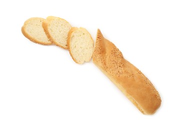 Photo of Cut fresh baguette with sesame isolated on white, top view