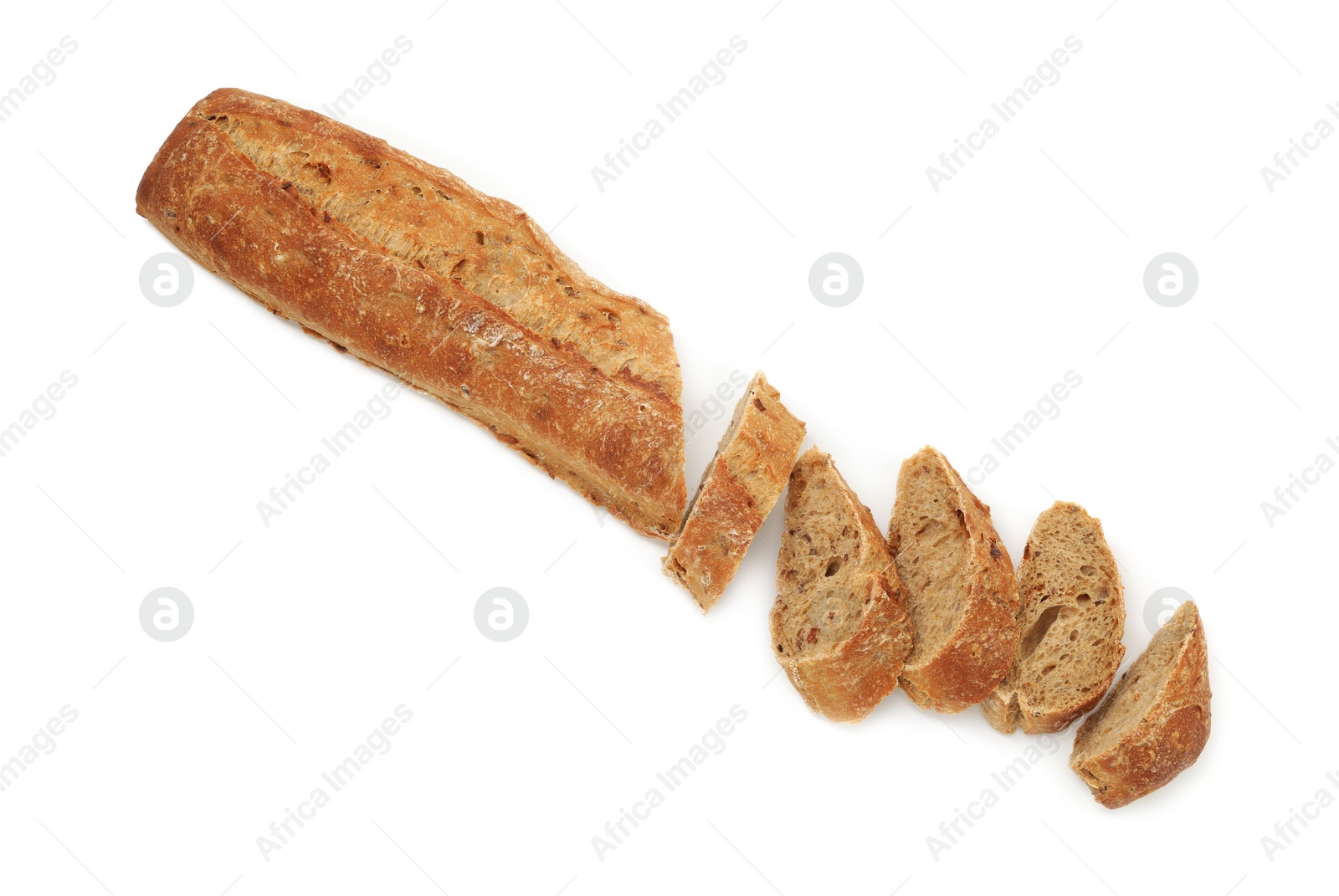 Photo of Cut fresh baguette isolated on white, top view