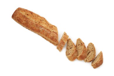 Photo of Cut fresh baguette isolated on white, top view