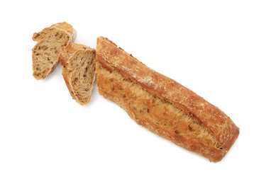 Photo of Cut fresh baguette isolated on white, top view