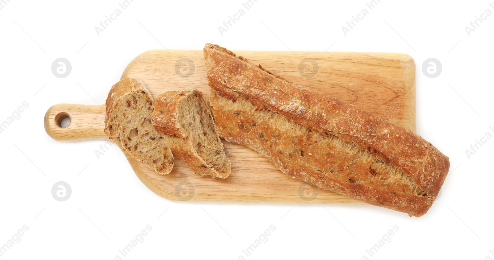 Photo of Cut fresh baguette isolated on white, top view