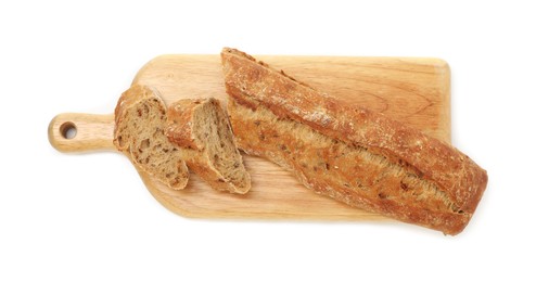 Photo of Cut fresh baguette isolated on white, top view