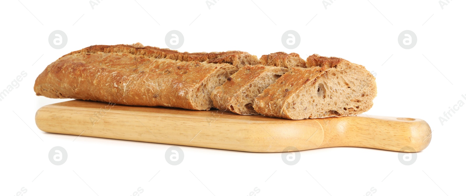 Photo of Cut freshly baked baguette isolated on white