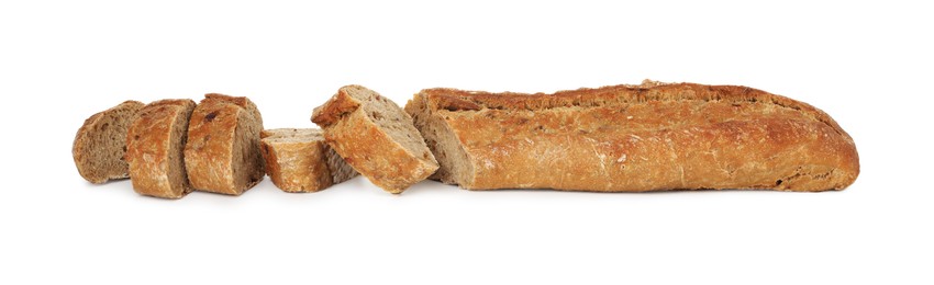 Photo of Cut freshly baked baguette isolated on white