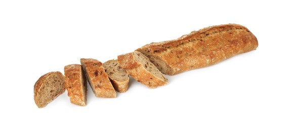 Photo of Cut freshly baked baguette isolated on white