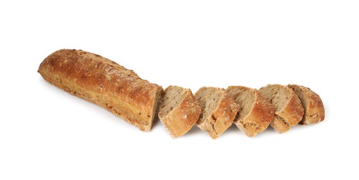 Photo of Cut freshly baked baguette isolated on white