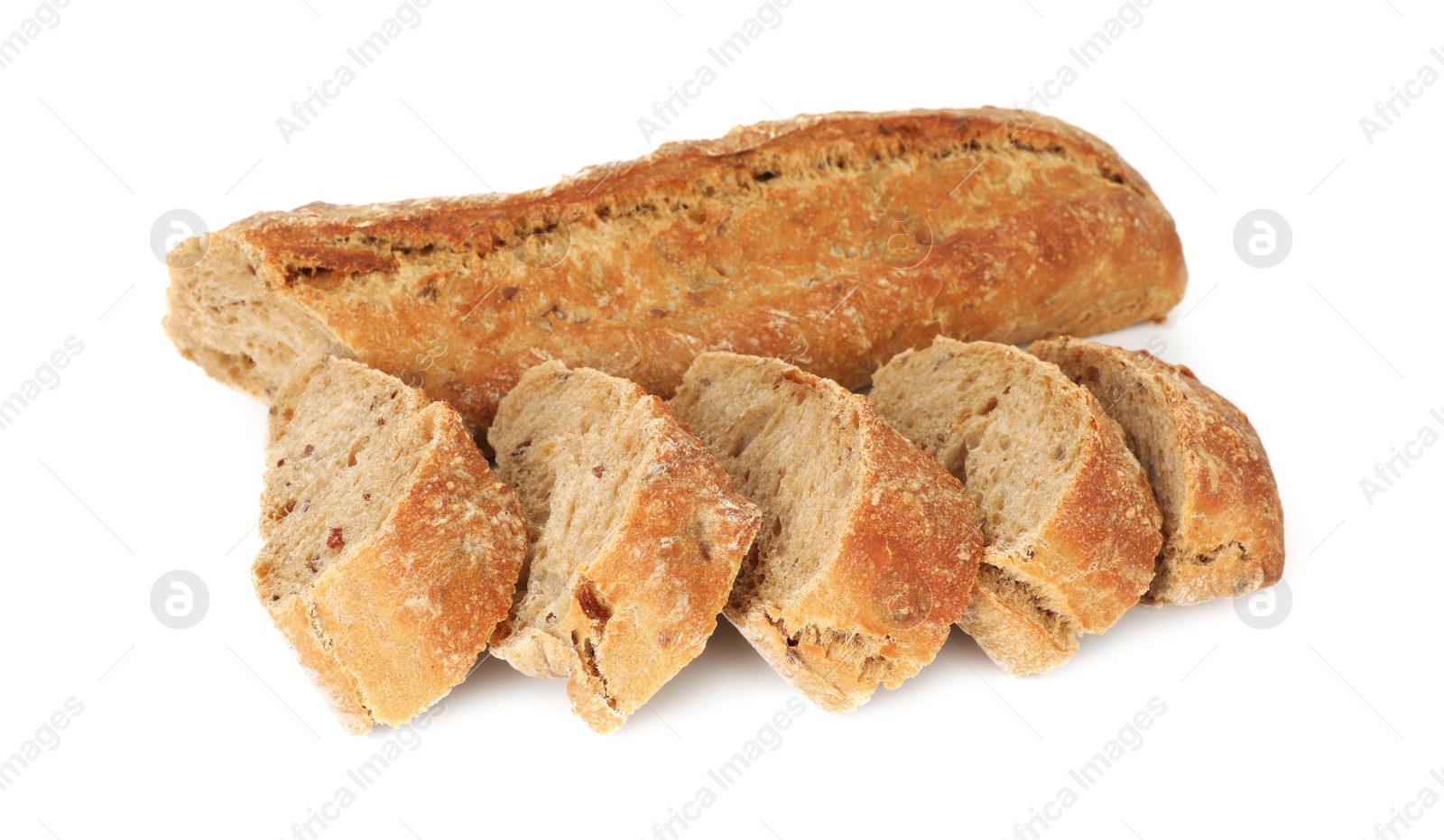 Photo of Cut freshly baked baguette isolated on white