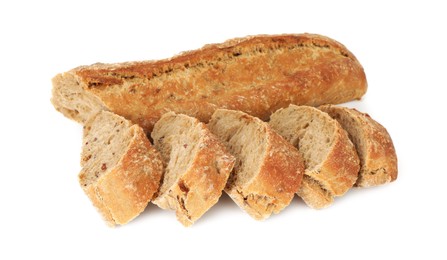 Photo of Cut freshly baked baguette isolated on white