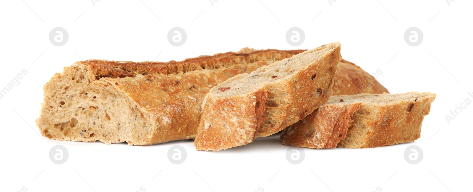 Photo of Cut freshly baked baguette isolated on white