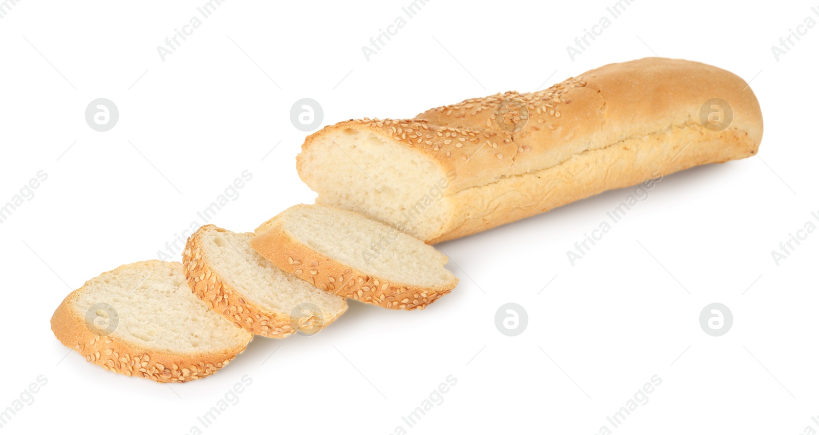 Photo of Cut fresh baguette with sesame isolated on white