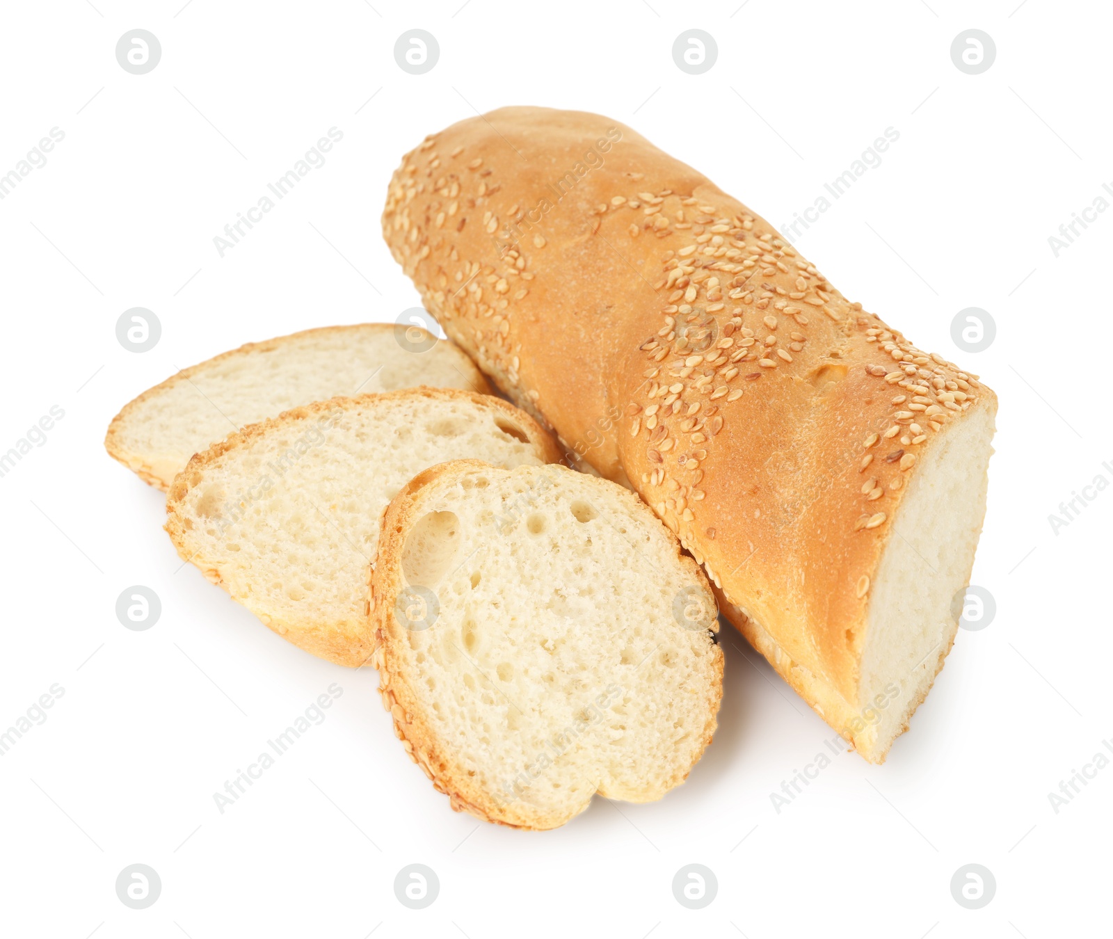 Photo of Cut fresh baguette with sesame isolated on white