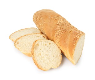 Cut fresh baguette with sesame isolated on white