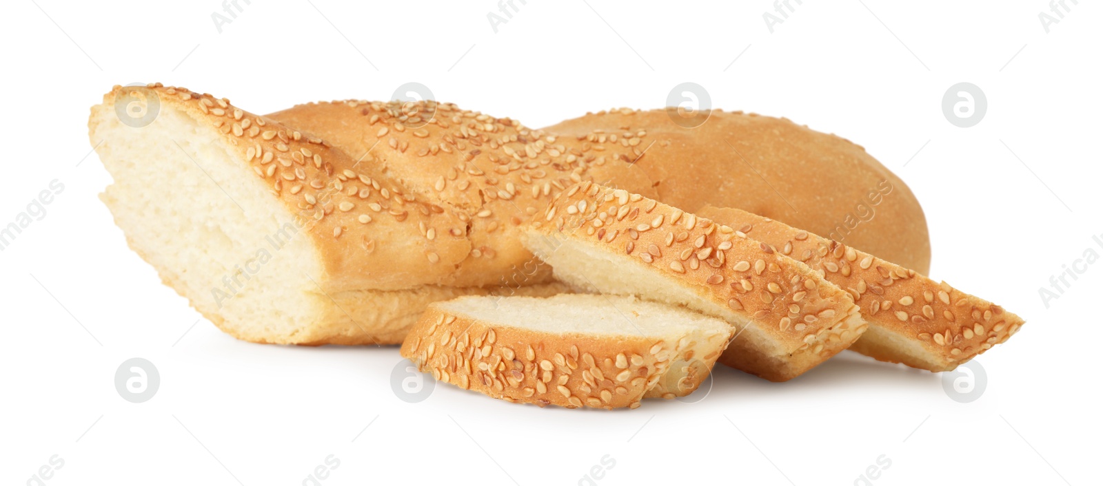 Photo of Cut fresh baguette with sesame isolated on white