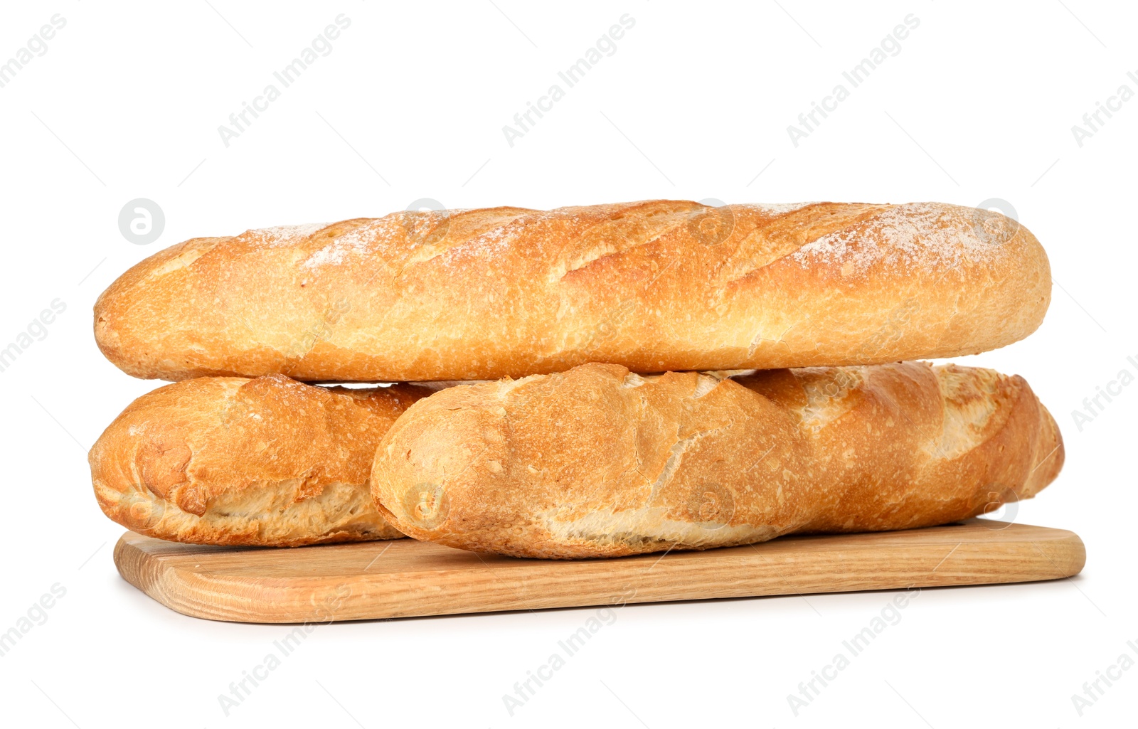 Photo of Three freshly baked baguettes isolated on white