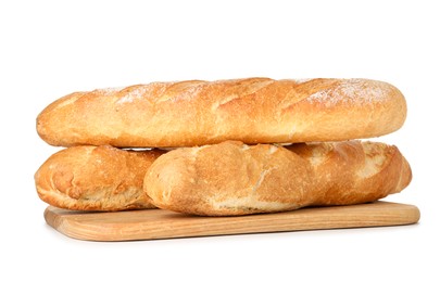 Photo of Three freshly baked baguettes isolated on white