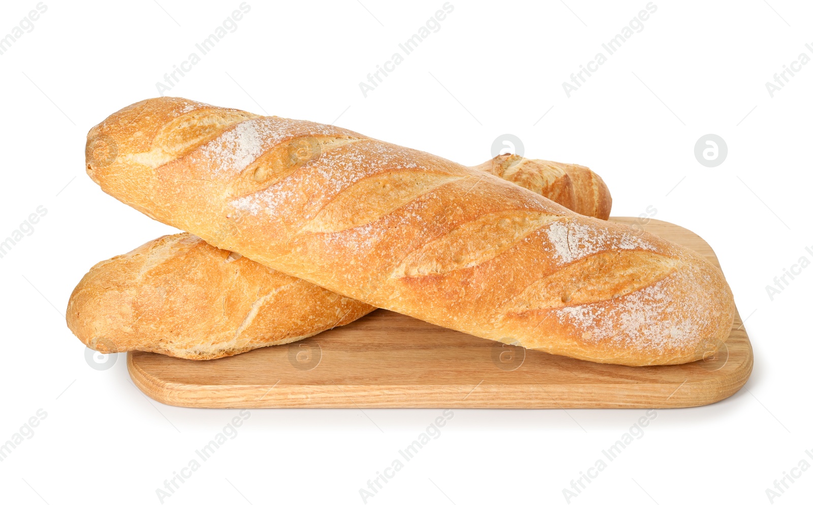 Photo of Two freshly baked baguettes isolated on white