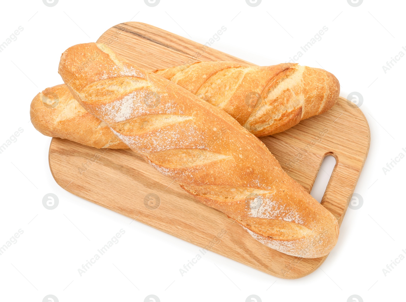 Photo of Freshly baked baguettes isolated on white, top view