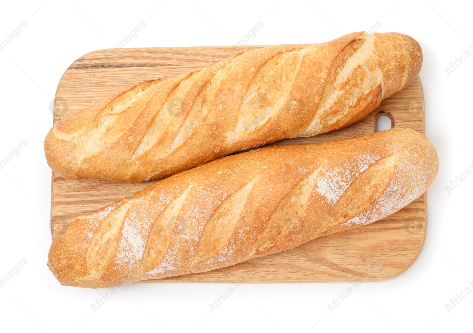 Photo of Freshly baked baguettes isolated on white, top view