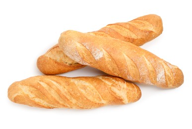 Photo of Three freshly baked baguettes isolated on white, top view