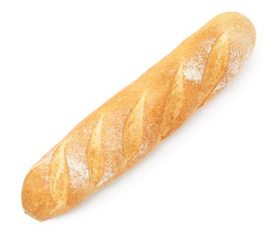 Photo of One freshly baked baguette isolated on white, top view