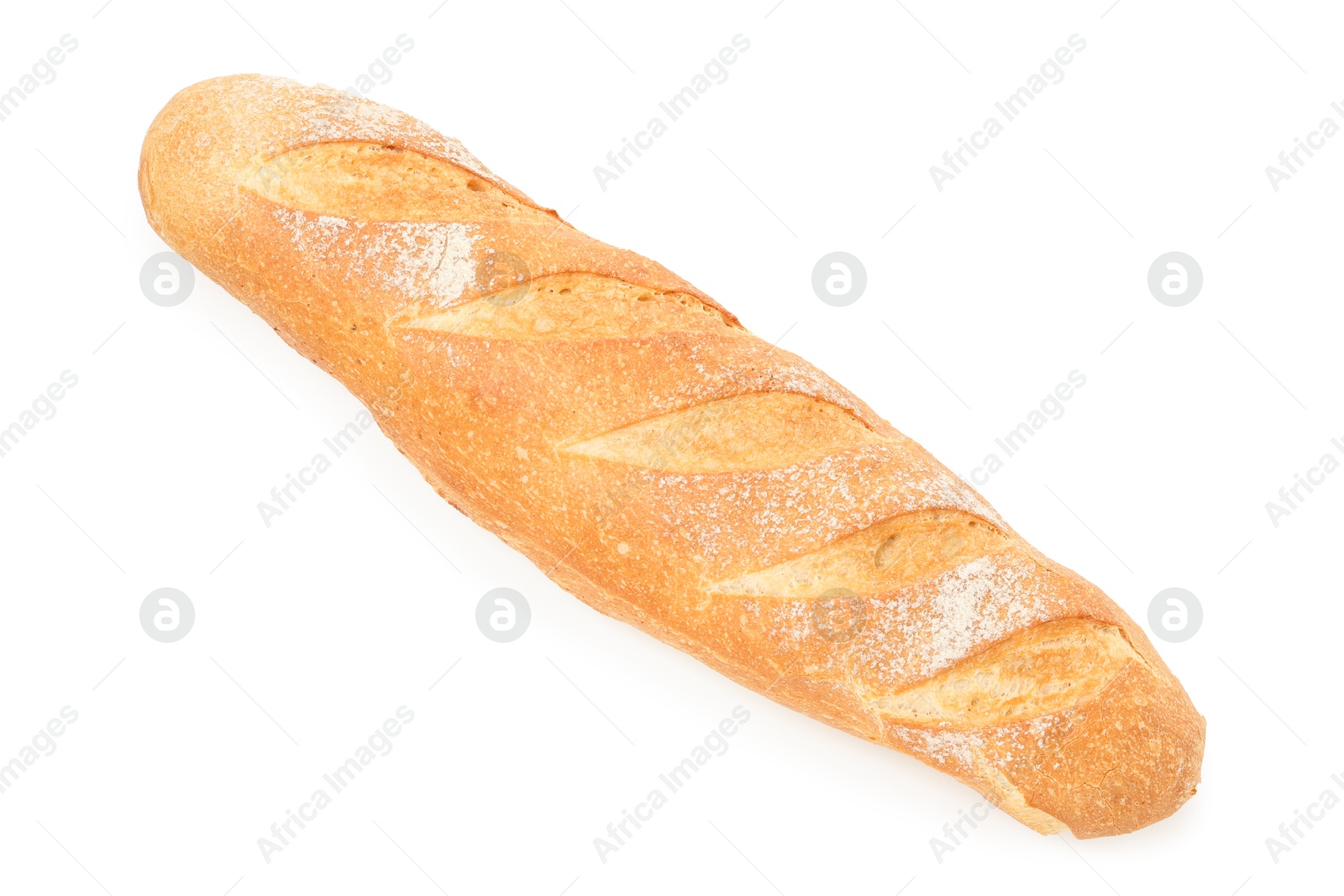 Photo of One freshly baked baguette isolated on white, top view