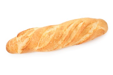 Photo of One freshly baked baguette isolated on white, top view