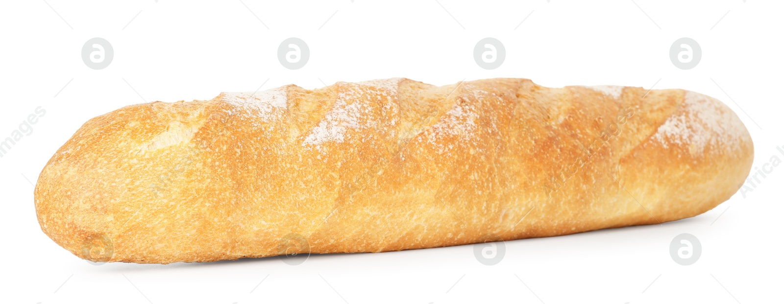 Photo of One freshly baked baguette isolated on white