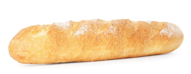 Photo of One freshly baked baguette isolated on white