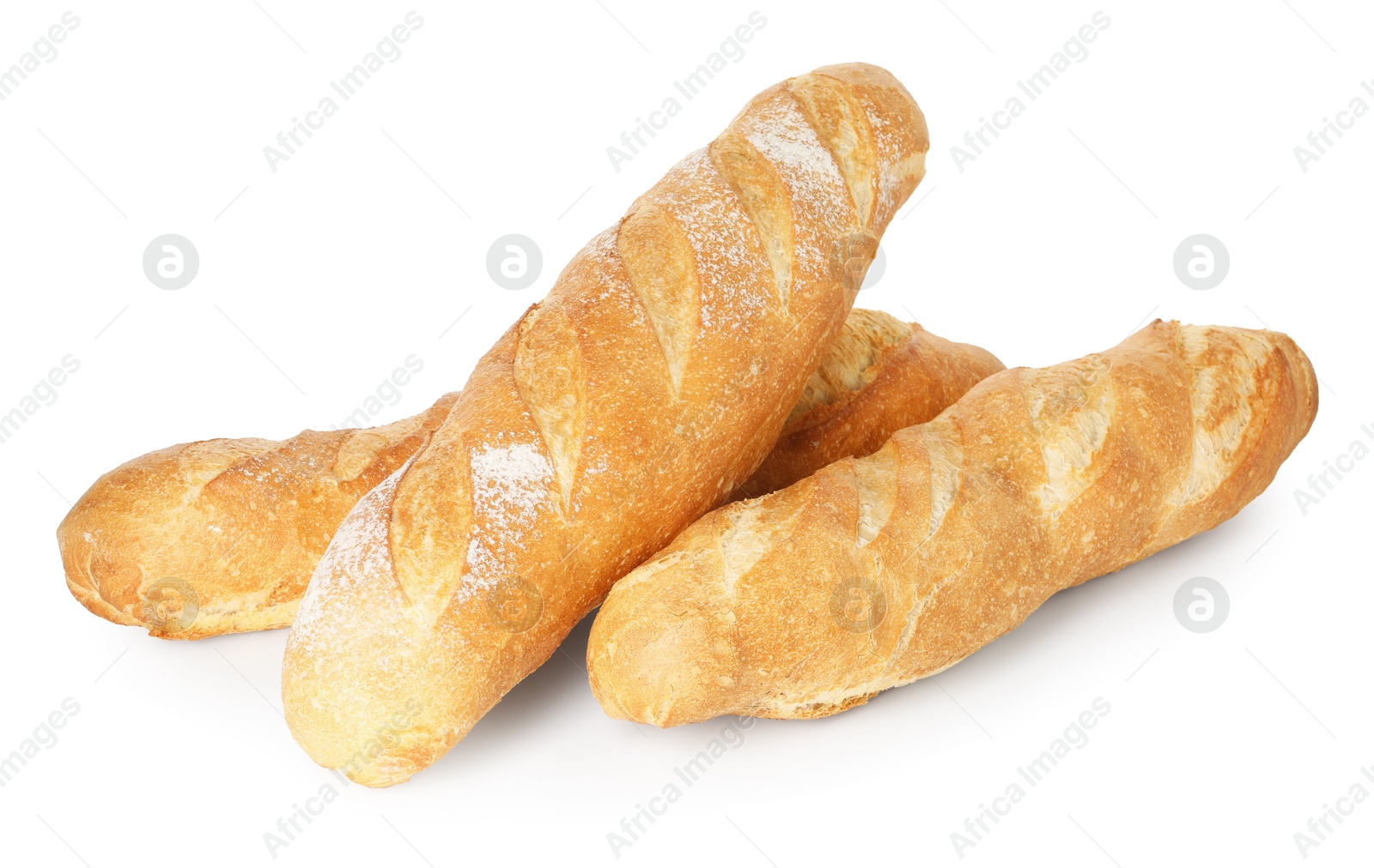 Photo of Three freshly baked baguettes isolated on white