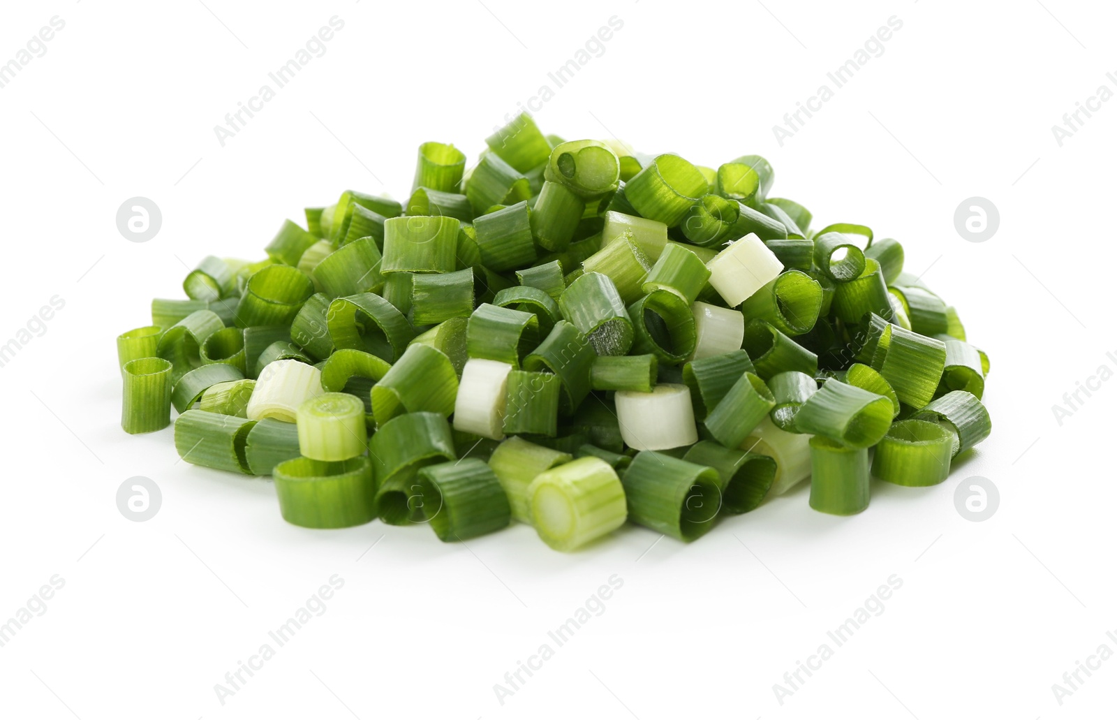 Photo of Pile of chopped fresh green onion isolated on white