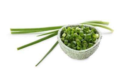 Photo of Cut fresh green onions isolated on white