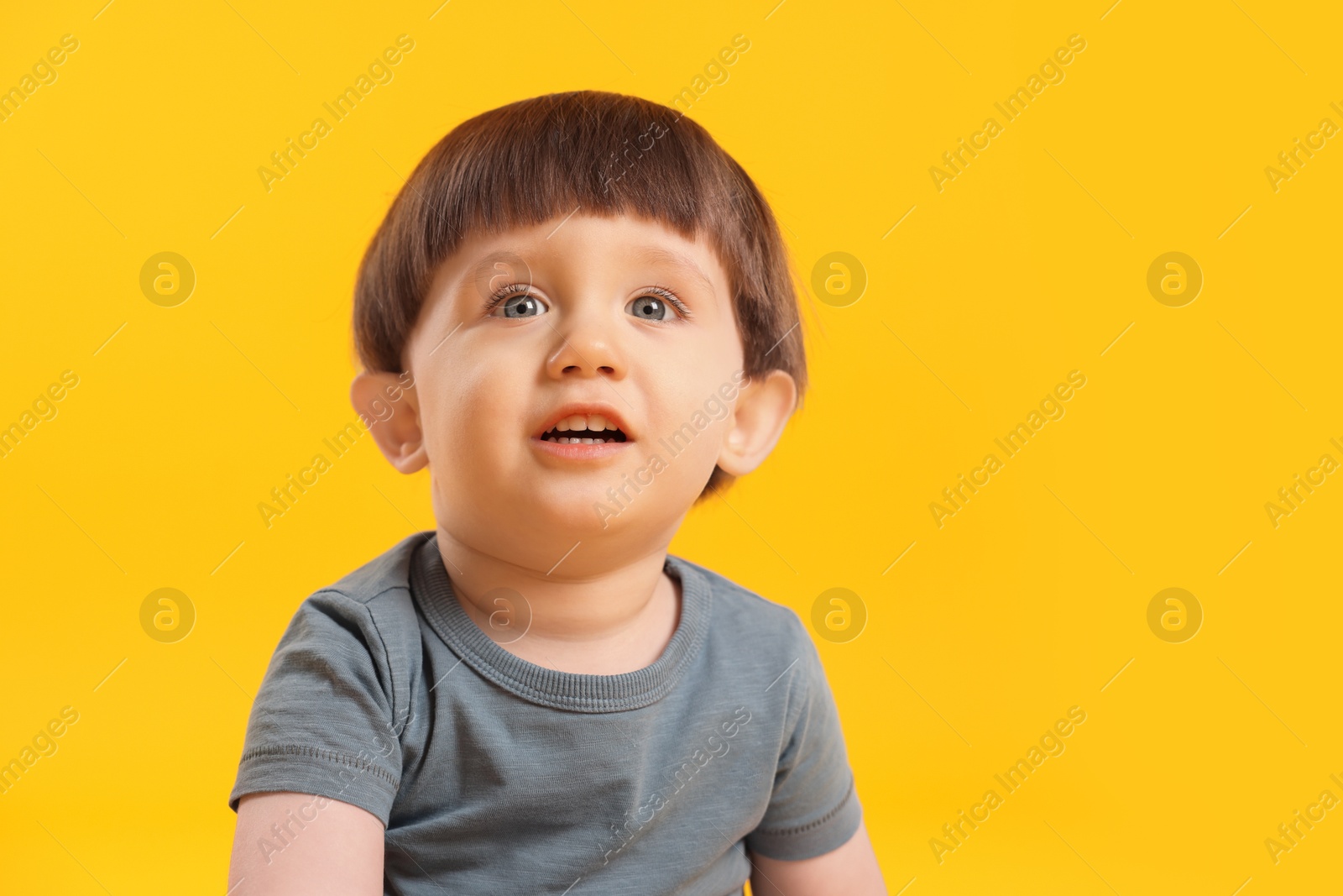 Photo of Portrait of cute little boy on yellow background. Space for text