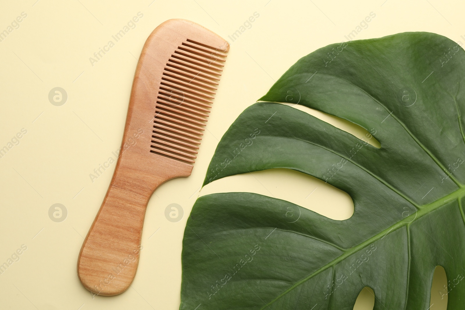 Photo of Wooden comb and monstera leaf on beige background, flat lay