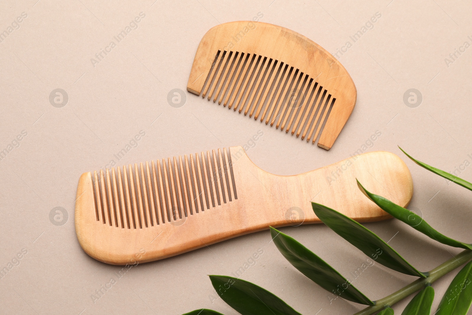 Photo of Wooden combs and branch with leaves on beige background, flat lay